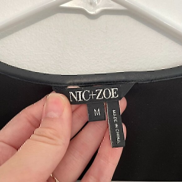 NIC+ZOE NIC ZOE Trimmed Tone Blouse Black Vegan Leather Trim V-Neck Long Sleeve - Picture 3 of 13